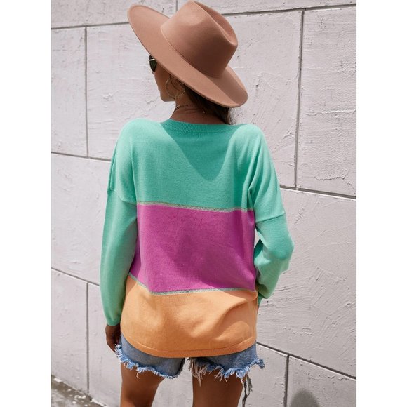 New Crew Neck Color Block Loose Fitting Sweater w/Sparkling Borders - Picture 3 of 3